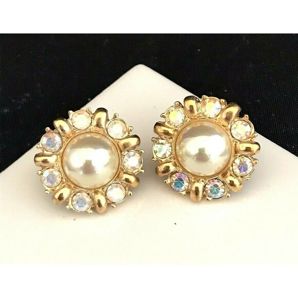 Vintage Roman Earrings Gold Tone Crystal Simulated Pearl Pierced 6Q - Picture 4 of 4